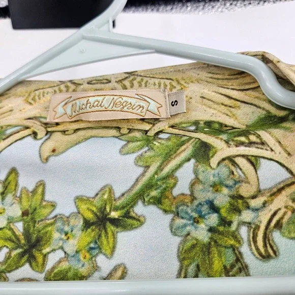 Y2K Michal Negrin Tank Top Green Blue Angels Floral Brocade Rhinestone V-neck S - Picture 2 of 10